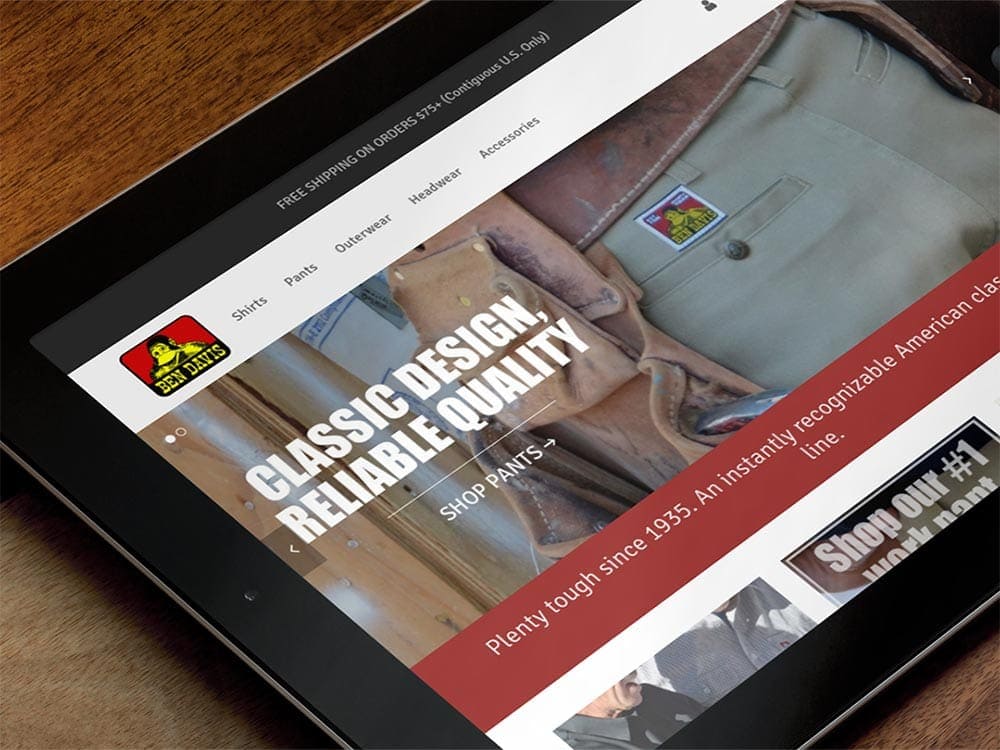 Ben Davis Clothing website viewed on a black iPad.