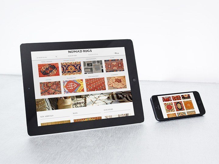 Nomad Rugs website viewed on an iPad and iPhone.