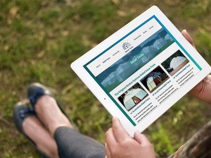 Relief Tents website viewed on an iPad.