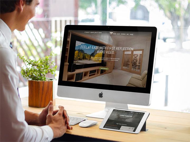 First Reflection Audio Video website viewed on an iMac and iPad.