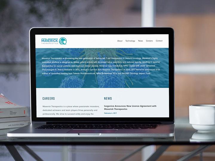 Maverick Therapeutics website viewed on a MacBook Pro.