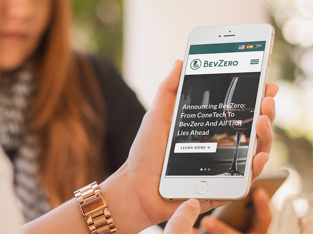 BevZero website viewed on a white iPhone.