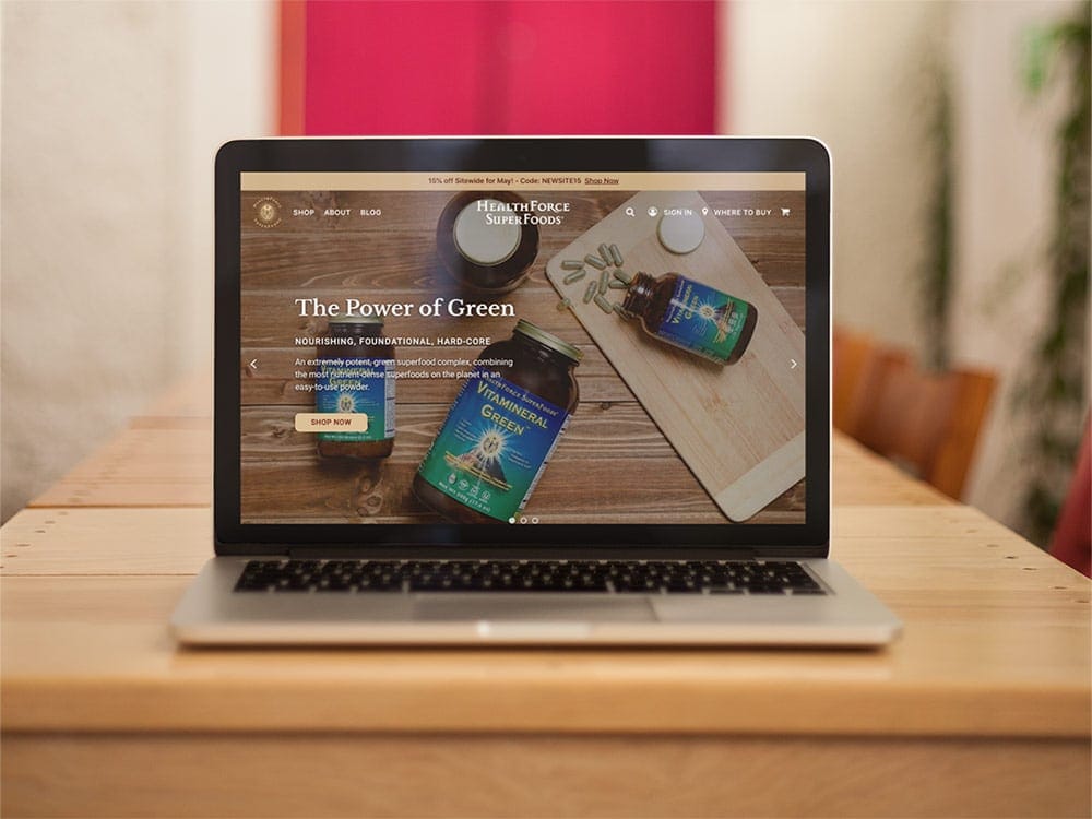 HealthForce SuperFoods website viewed on a MacBook Pro.