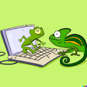 a frog and a chameleon working together to design a website