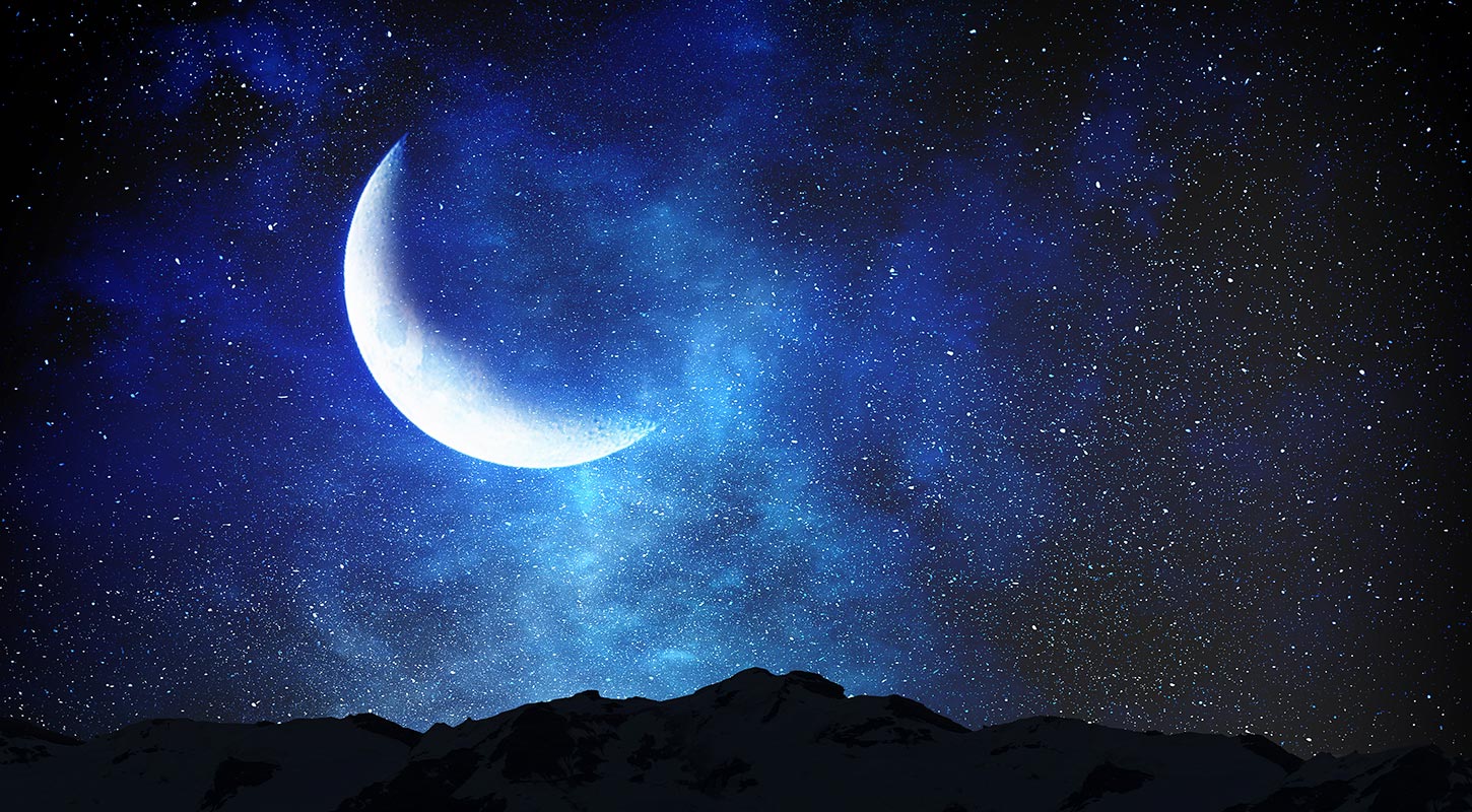 Crescent Moon and Stars in Blue Night Sky