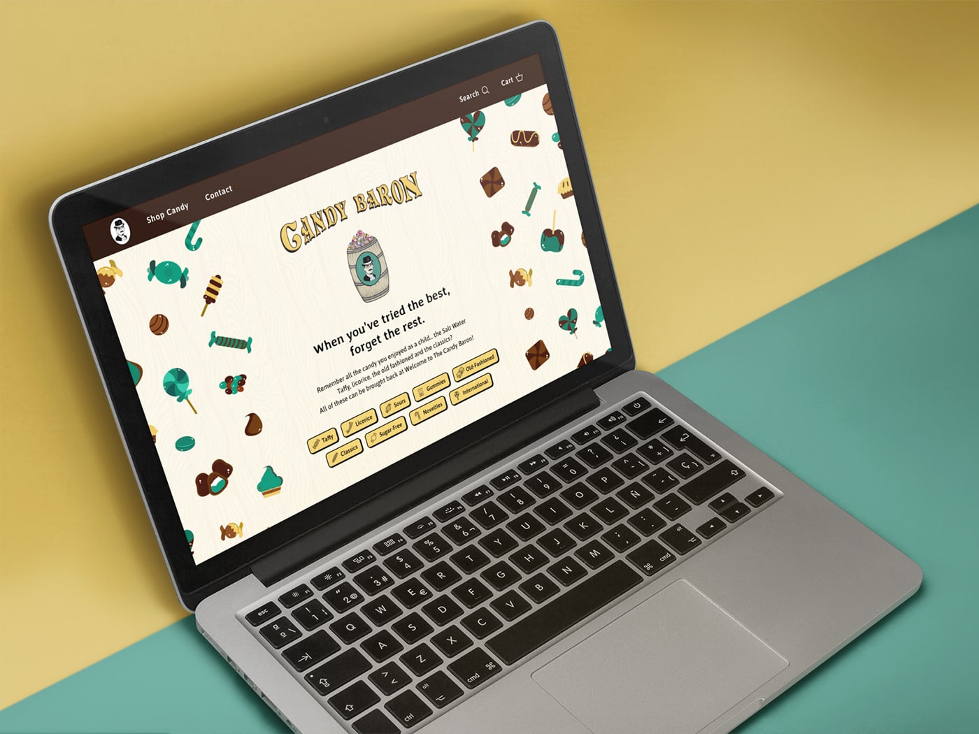 The Candy Baron website viewed on a MacBook Pro.